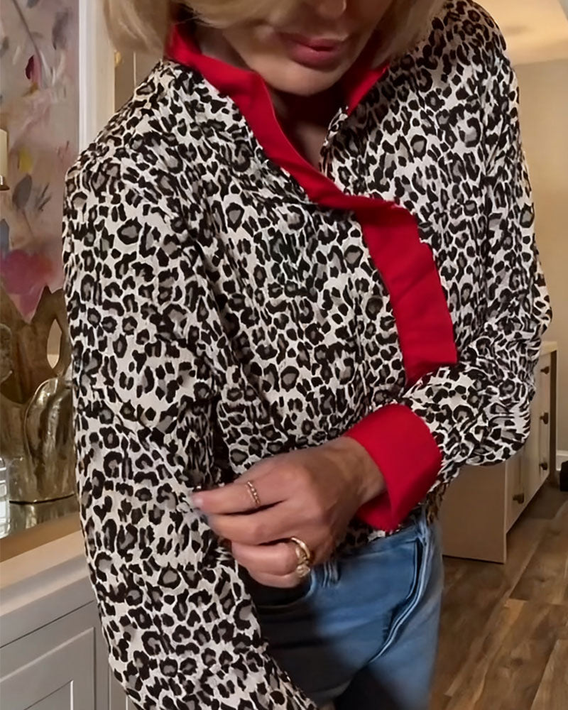 Ruffled Leopard Print Color-Blocked Blouse