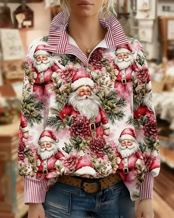 Turn-Down Collar Striped Ruffle Christmas Style Blouse