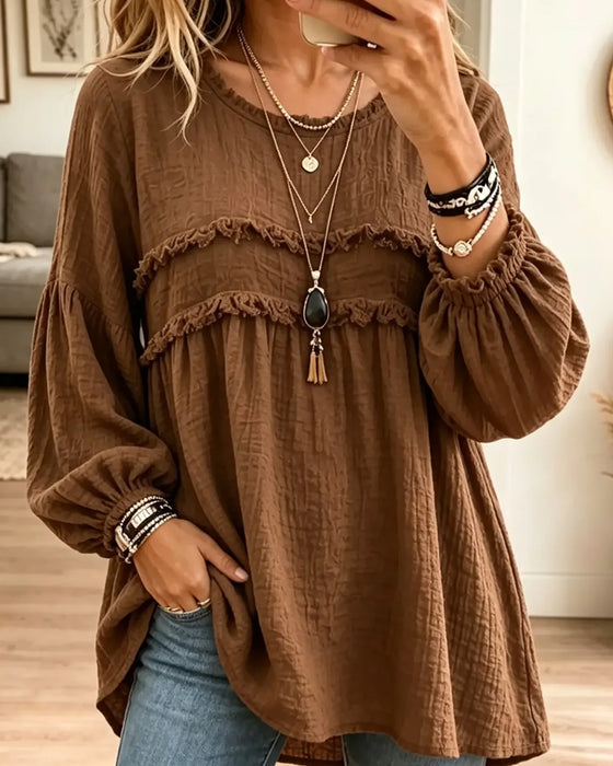 Solid Shirred Casual Blouse