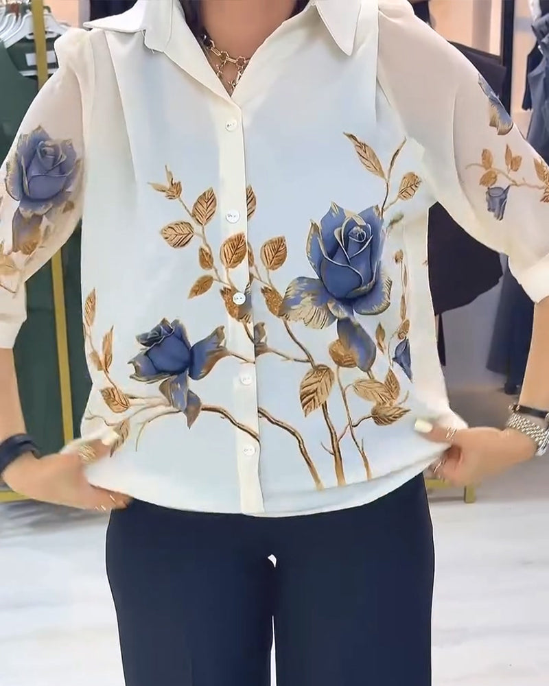 Lapel Puff Sleeve Button-Down Blouse