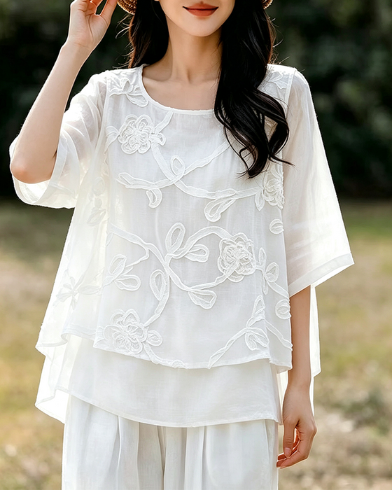 Solid Color Round Neck Blouse