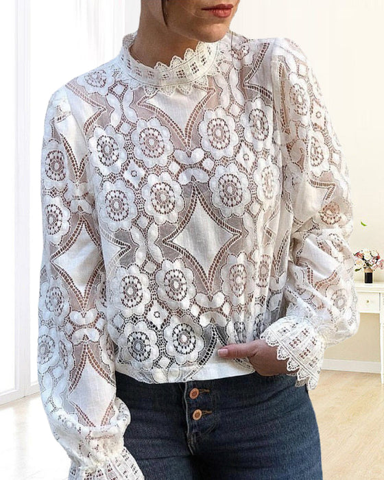 Sexy See-Through Long-Sleeved Stand-Collar Lace Blouse