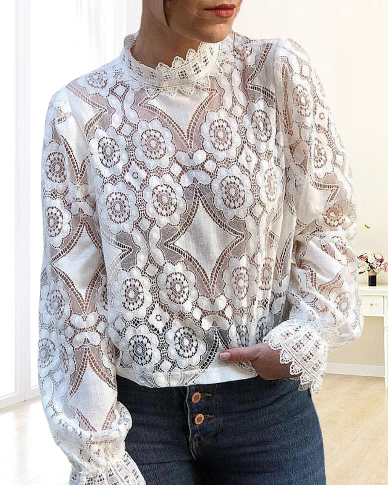 Sexy See-Through Long-Sleeved Stand-Collar Lace Blouse
