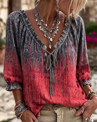 Gradient Tie-Dye Drawstring Three-Quarter Sleeve Blouse