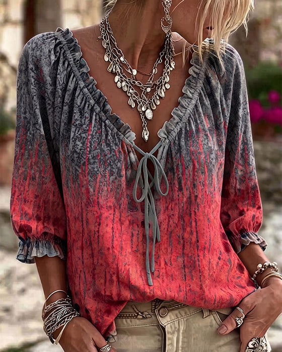 Gradient Tie-Dye Drawstring Three-Quarter Sleeve Blouse