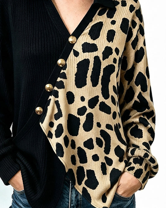 Leopard Patchwork Asymmetric Placket Color Block Pullover