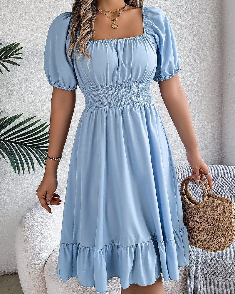 Square Neck Cinched Waist Ruffle A-Line Dress