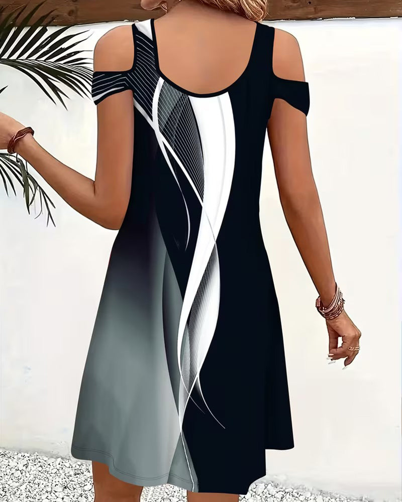 V-Neck Cold-Shoulder Striped Slit Dress