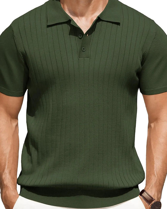 Ribbed Knit Polo Collar T-Shirt