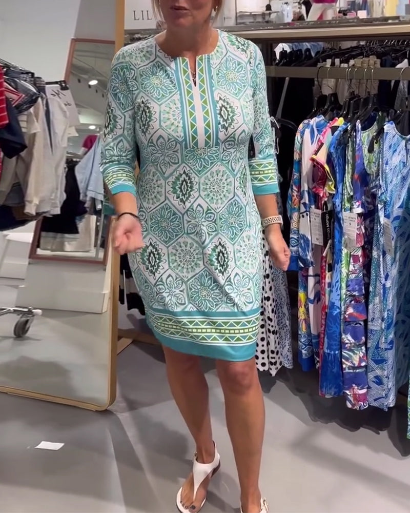 Circle Print Round Neck Straight Dress