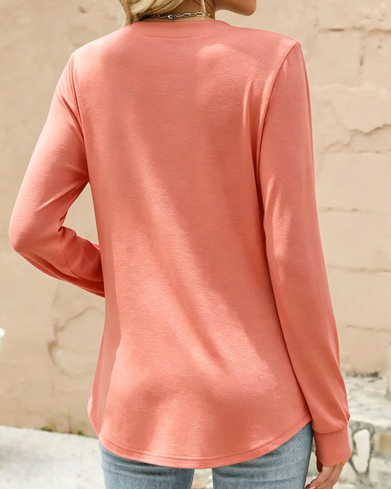 V-Neck Button Long Sleeve Solid Top