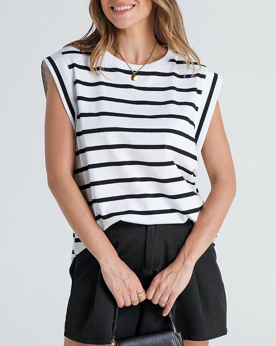 Casual striped print round neck sleeveless top