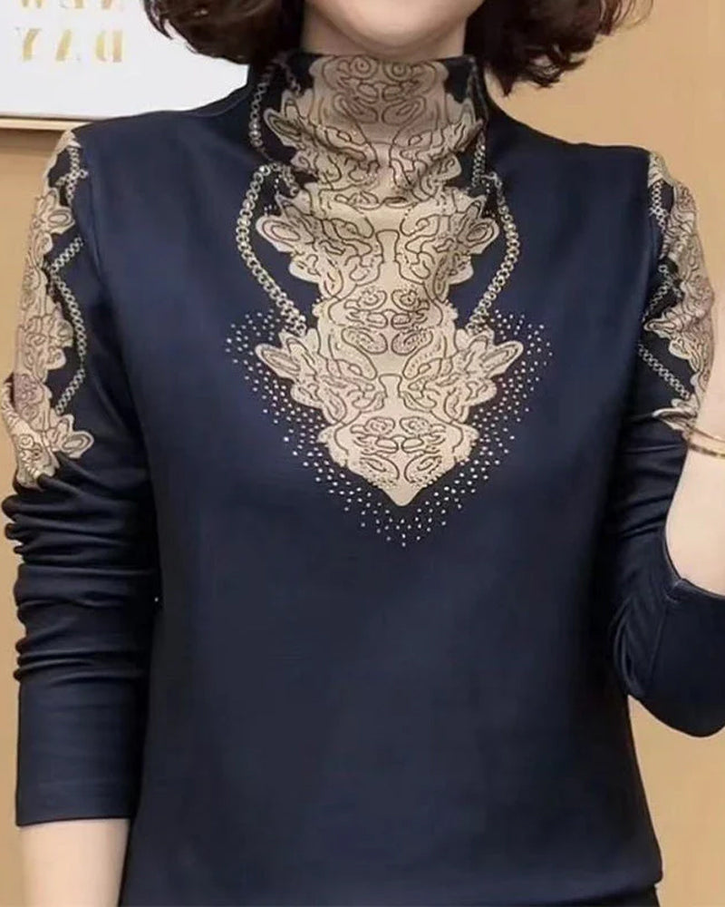 Elegant Printed Fitted Women's Stand Collar Top