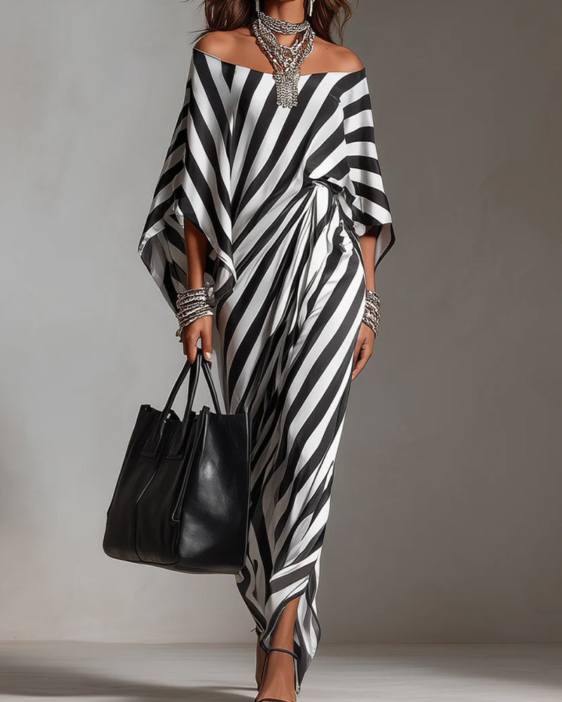 Off-Shoulder Batwing Sleeve Stripe Long Dress