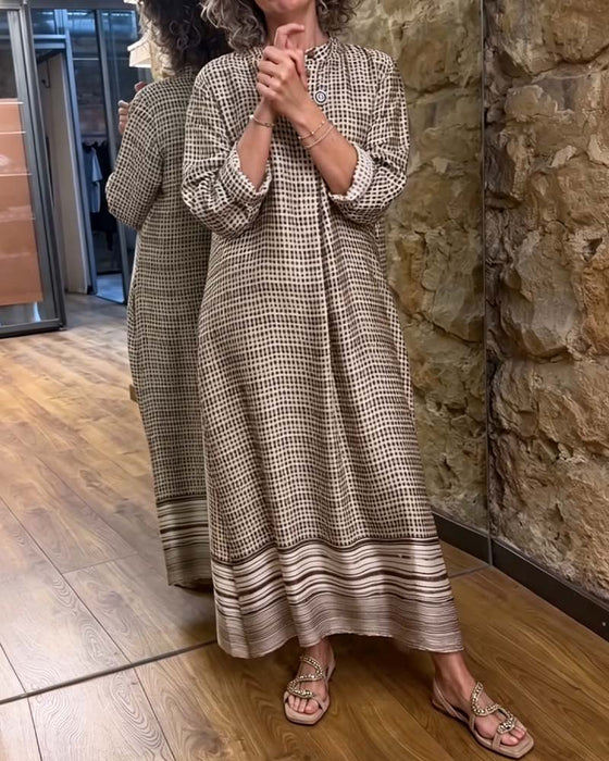 Button Plaid Pocket Slit Dress