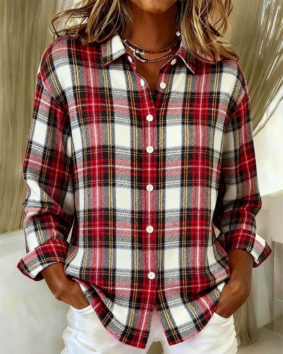 Lapel Button Plaid Long Sleeve Shirt