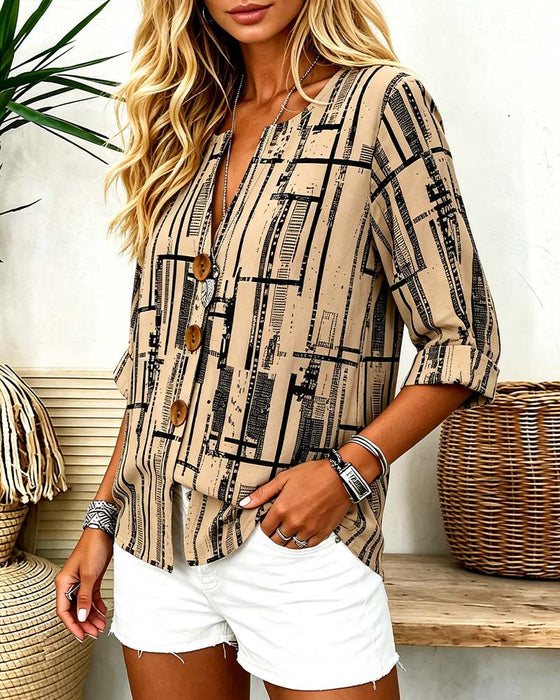 V-Neck Button-Down Striped Blouse