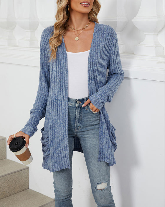 Casual solid color pocket long sleeve cardigan