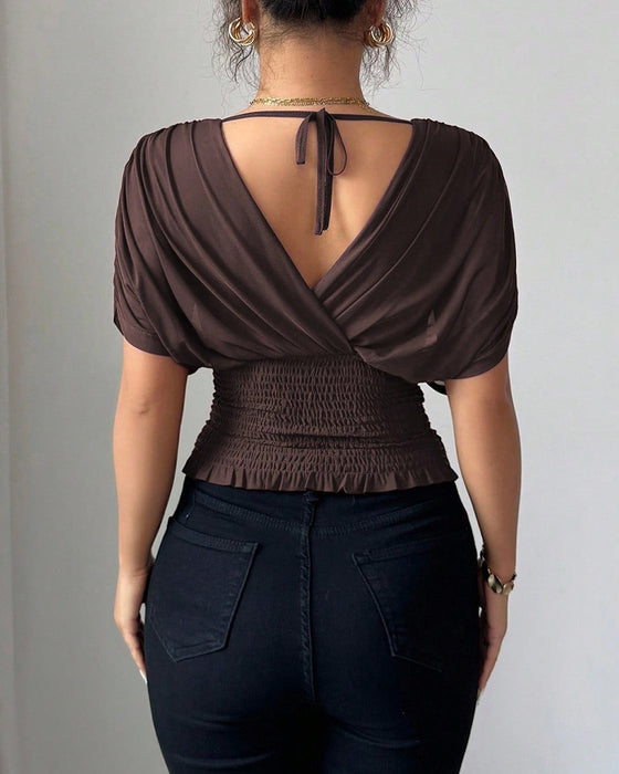 Solid Color Deep V-Nee Waist Short Sleeve Blouse