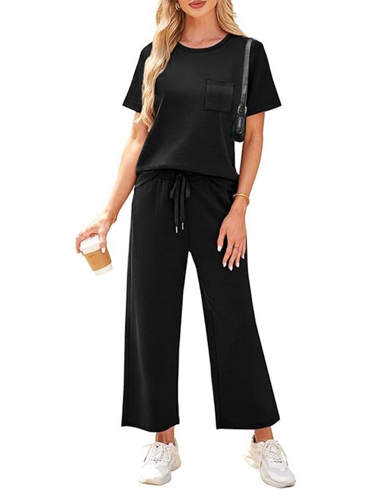 Solid Color Short Sleeve and Long Pants Set