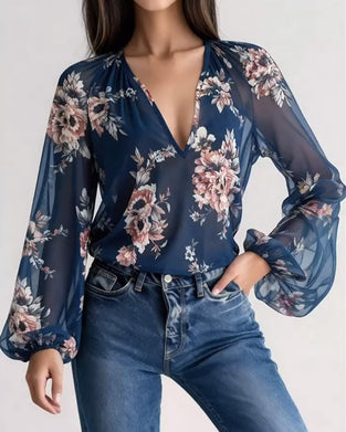 Fashionable Printed V-Neck Long-Sleeved Blouse