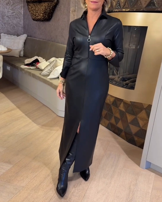 Lapel Zipper Pu Fashion Dress