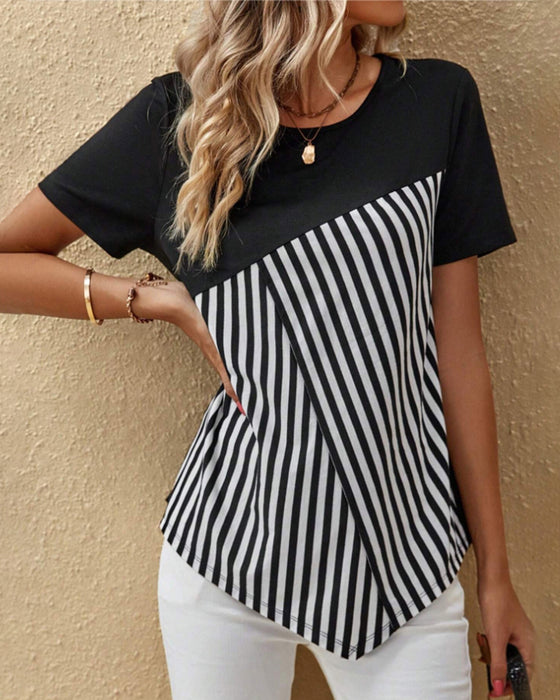 Round neck color-block striped blouse