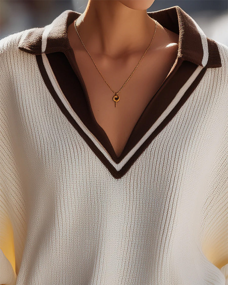 Color-Blocked V-Neck Pullover Sweater
