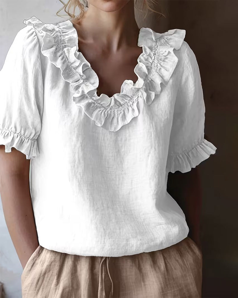 Ruffle Trim V-Neck Short Sleeve Blouse