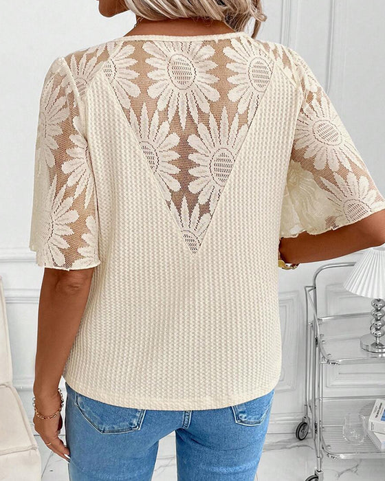 Lace Spliced Sleeve V-Neck Blouse