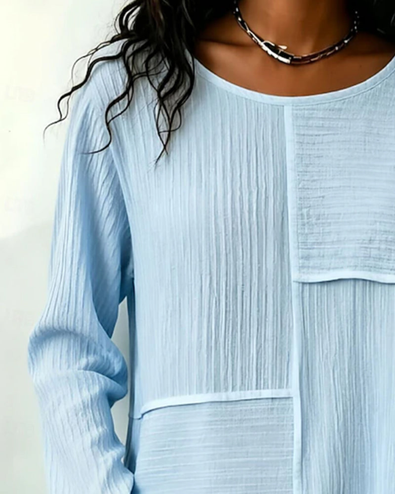 Long-Sleeve Patchwork Crew-Neck Blouse