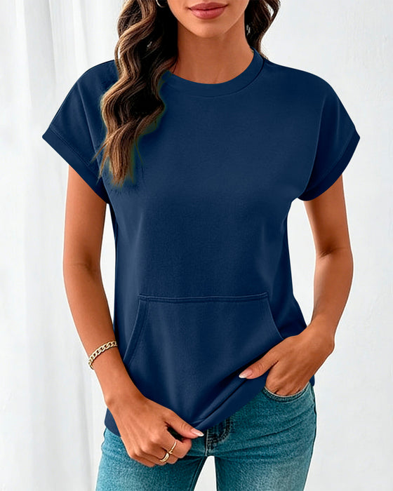 Front Pocket Solid Color Round Neck Blouse