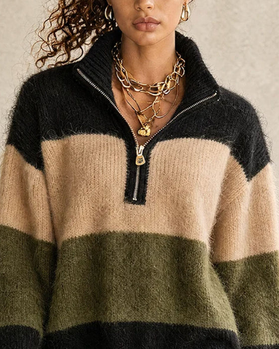 Color Block Half Zip Turtleneck Long Sweater Dress