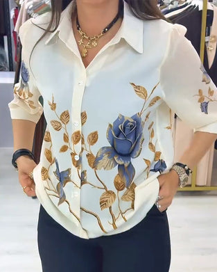 Lapel Puff Sleeve Button-Down Blouse