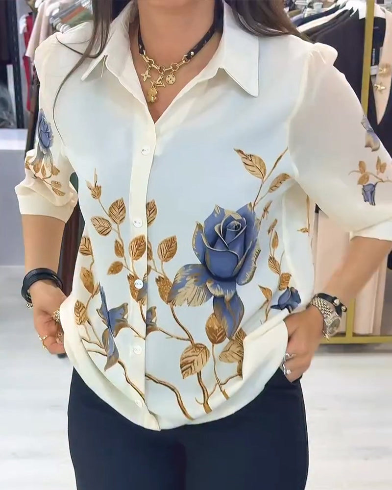 Lapel Puff Sleeve Button-Down Blouse