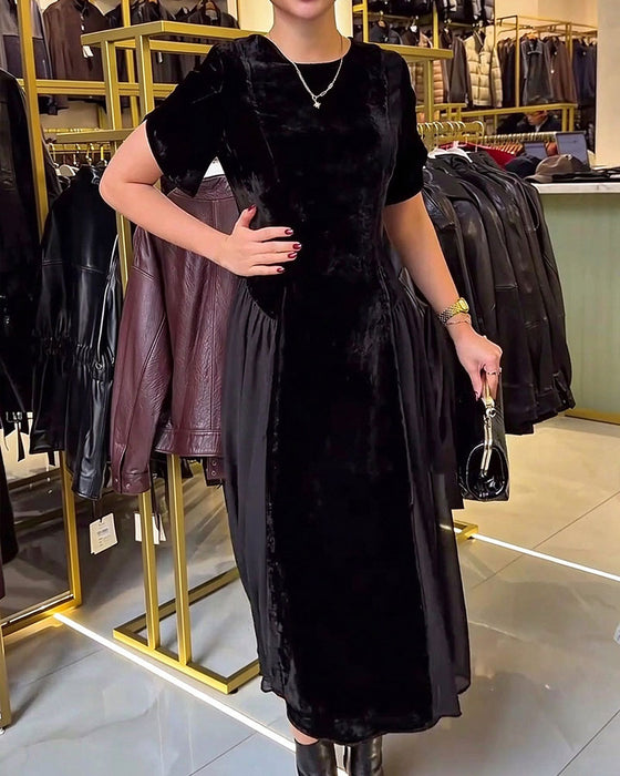 Round Neck Pleated Slim Fit Large Skirt Dress