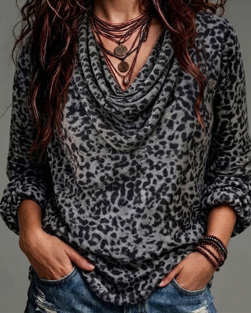 Mock Neck Leopard Long Sleeve Blouse