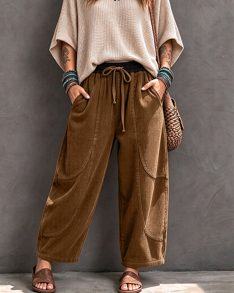 Elastic Waist Color-Block Cropped Wide-Leg Pants