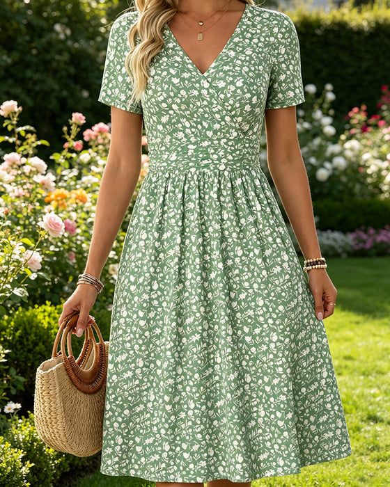 V-Neck Short SleeveTiny Floral Dress