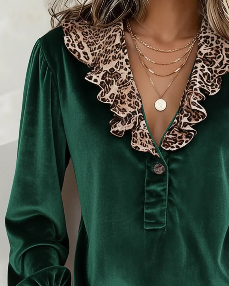 V-Neck Button Ruffle Leopard Top