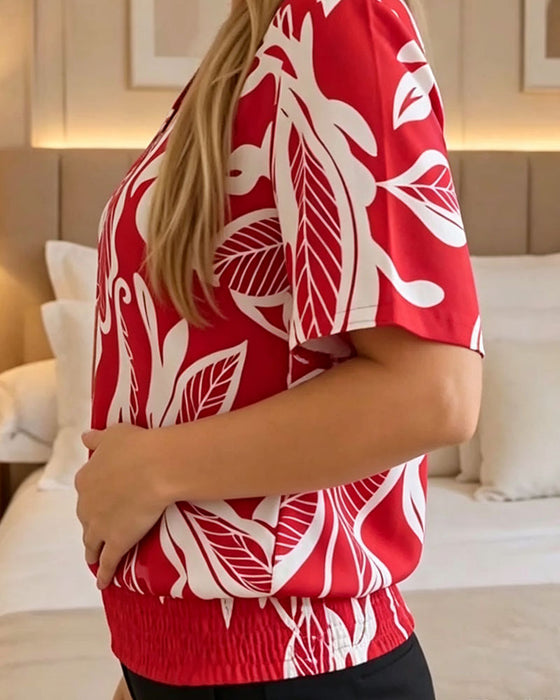 Floral Print Elastic Hem Short Sleeve Blouse