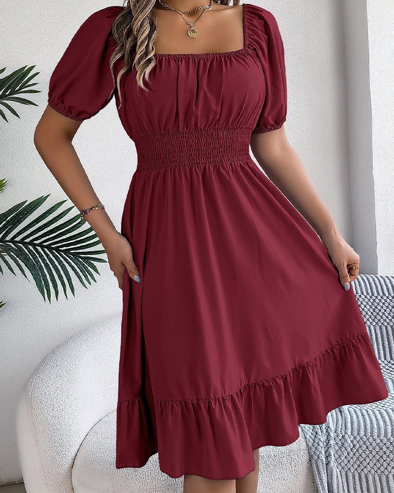 Square Neck Cinched Waist Ruffle A-Line Dress
