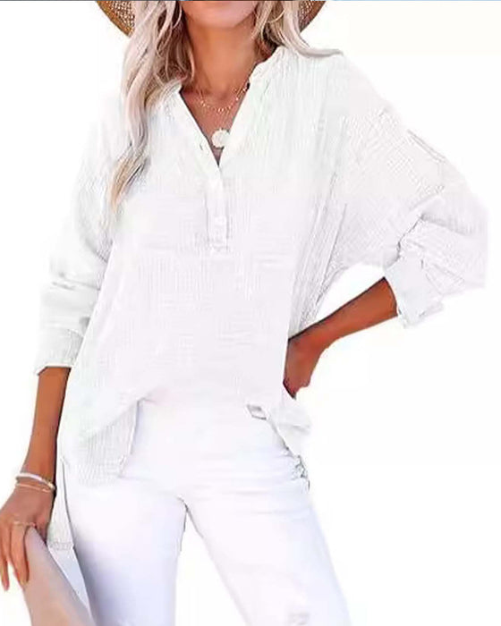 Pleated Button Long Sleeve Blouse