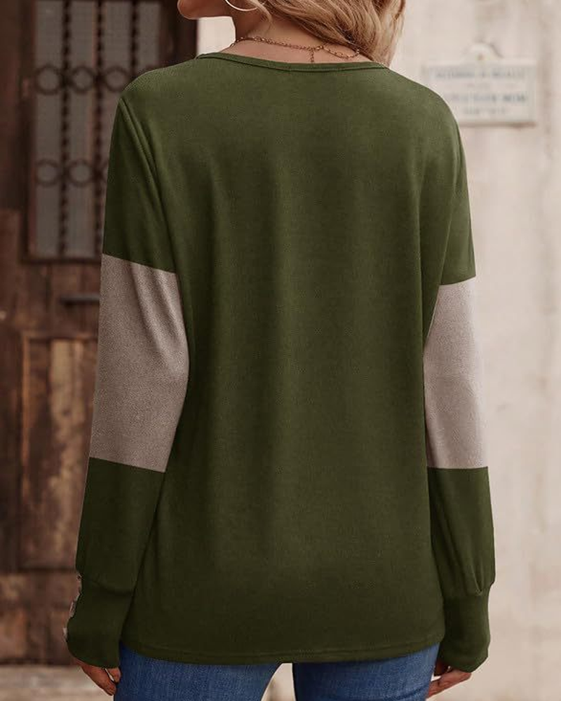 Women's Colorblock Print Button Decor Drop Shoulder Tee