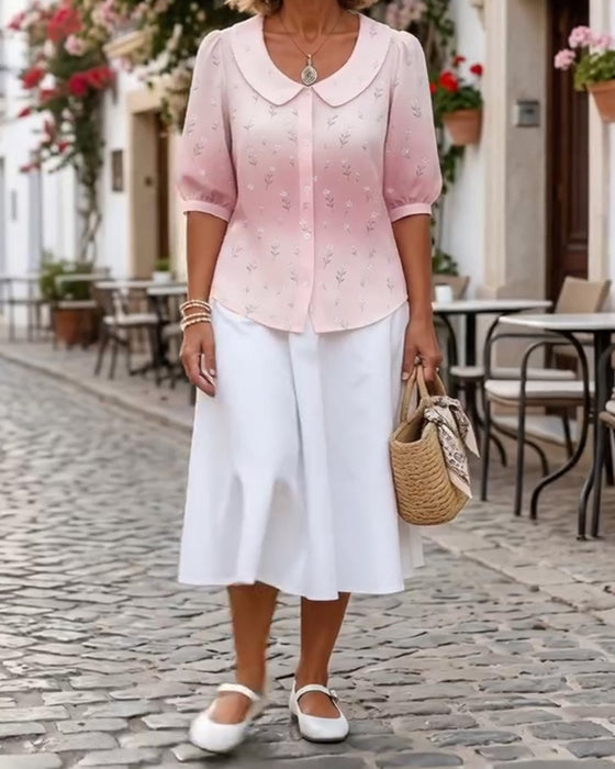 Floral Peter Pan Collar Bubble Sleeve Blouse