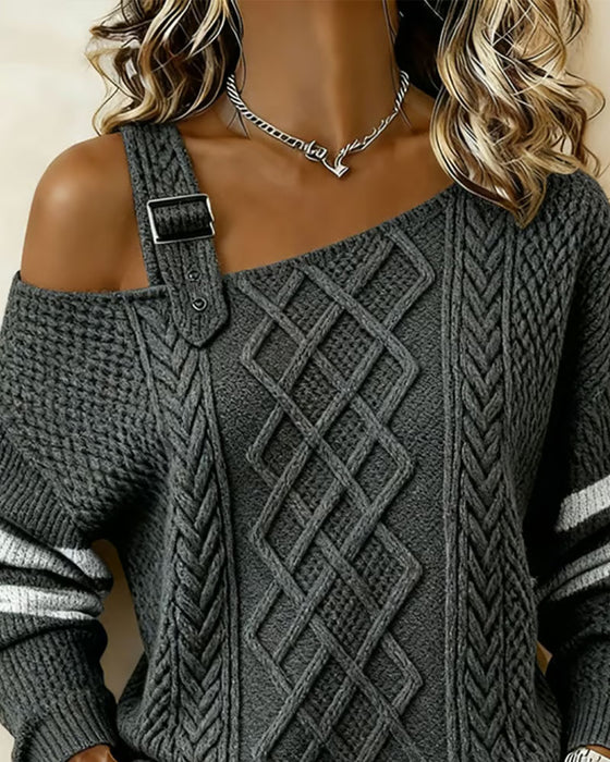 One Shoulder Metal Buckle Striped Cable Pullover