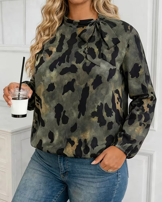 Camo Leopard Print Scarf Tie Puff Sleeve Blouse