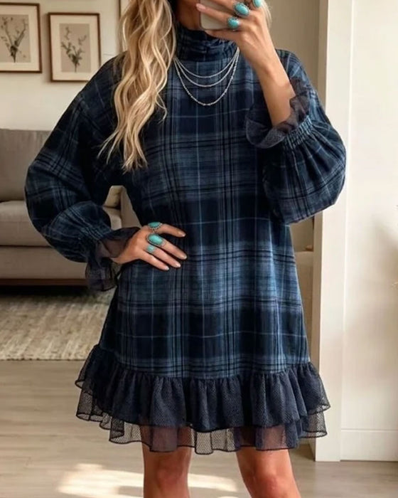 Plaid Half-Turtleneck Ruffle Dress