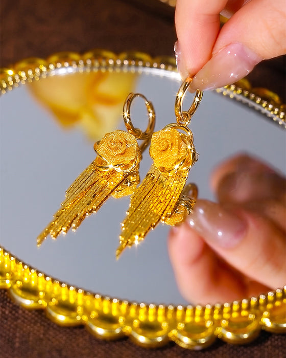 Gold Flower Tassel Earrings