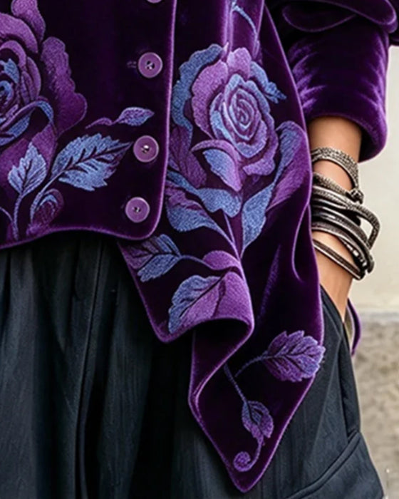 Rose Print Button Irregular Top